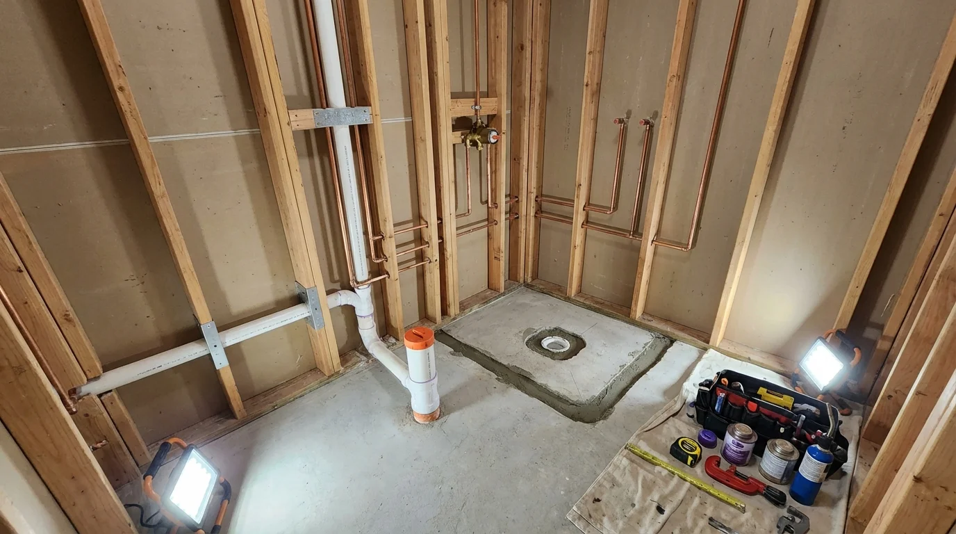 Bathroom rough-in plumbing during remodel by Johns Plumbing LLC in Island Lake