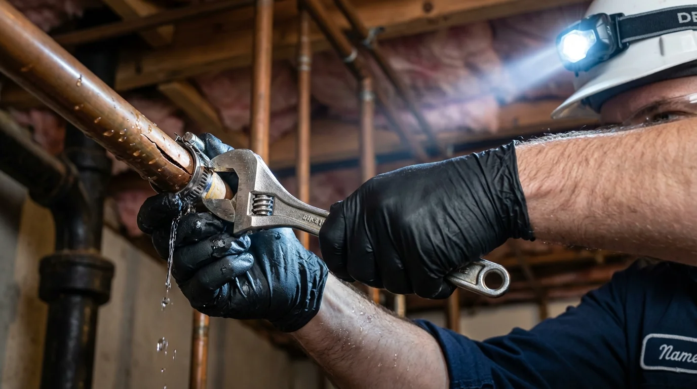 Emergency pipe clamp repair being performed by a Johns Plumbing LLC plumber in Island Lake