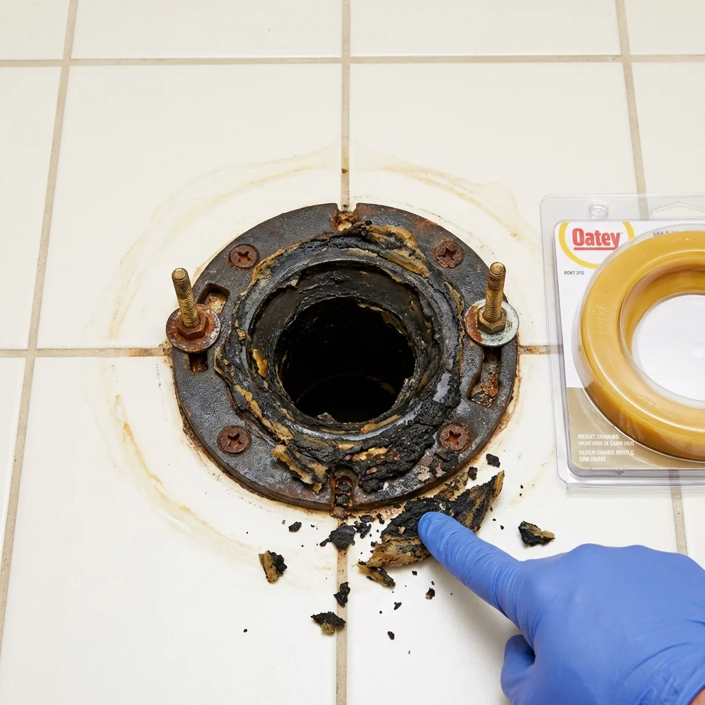 Failed wax ring showing water seepage at the base of a toilet in a Island Lake, IL home