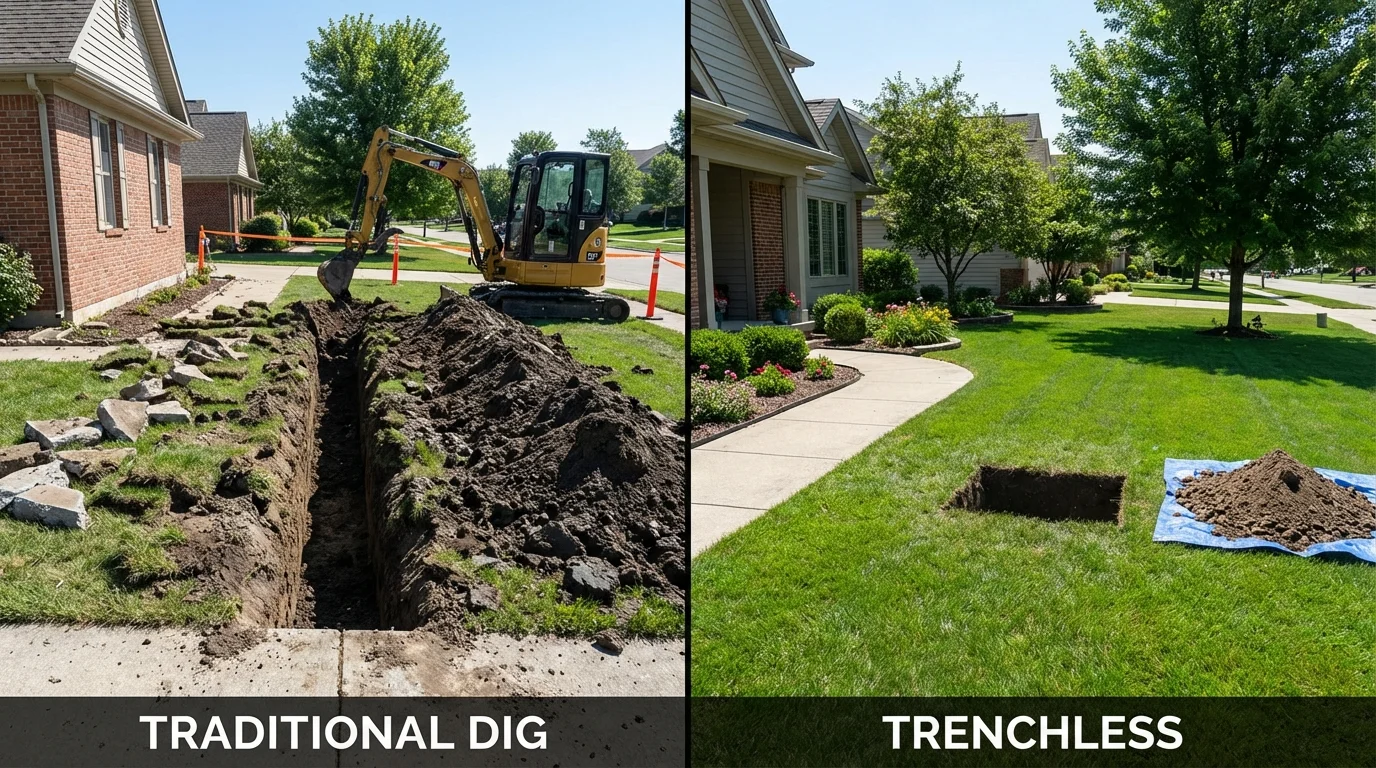 Trenchless sewer repair with minimal yard damage versus traditional excavation in Island Lake, IL