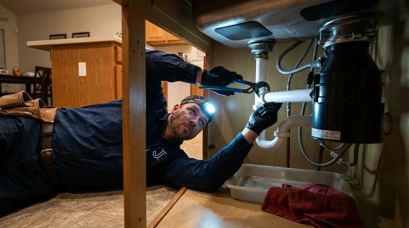 P-trap and supply line connections under a kitchen sink showing a common leak point in Island Lake, IL